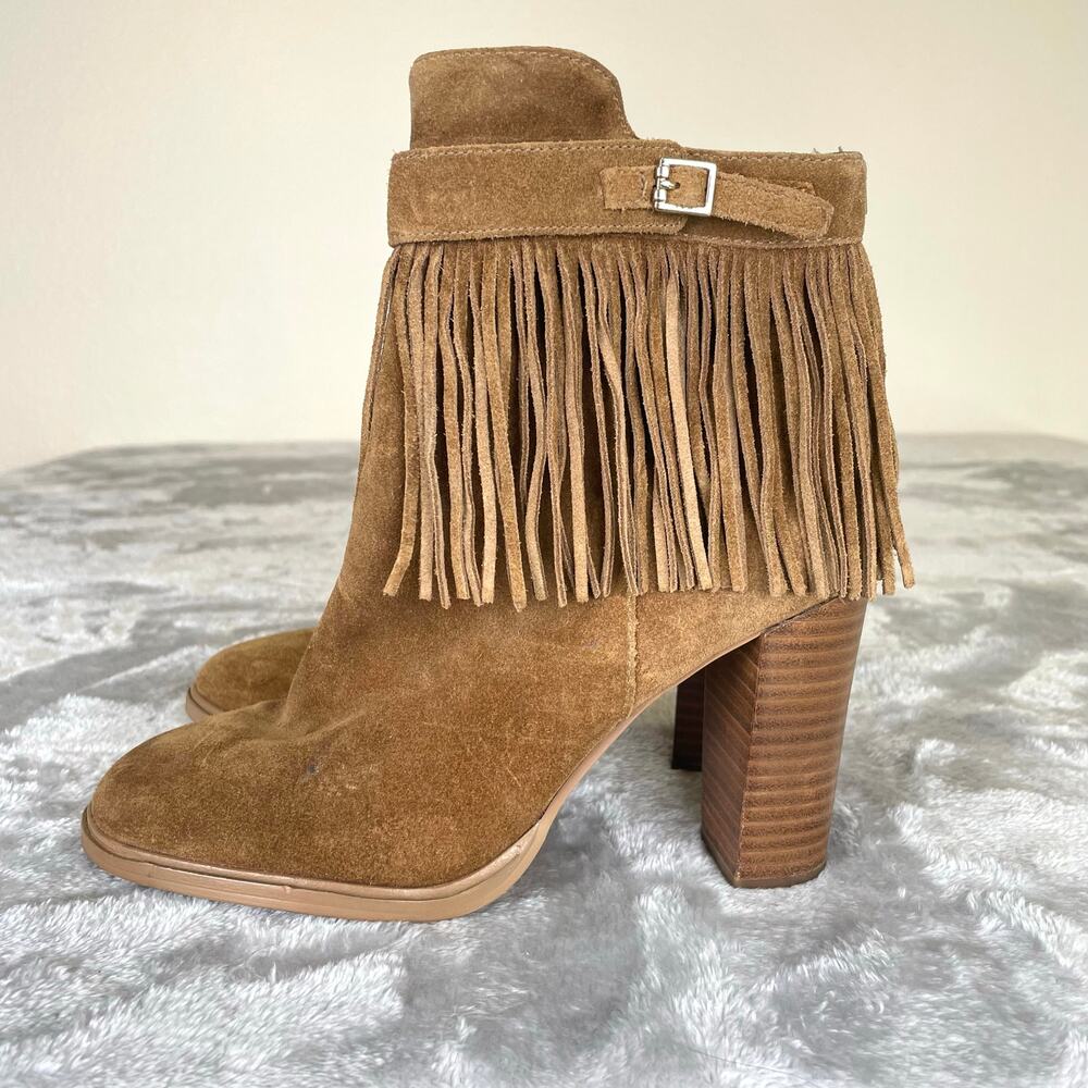 Womens Ankle Boots Booties Sz 6 Genuine Suede Fringe Boho Chunky Brown Heels